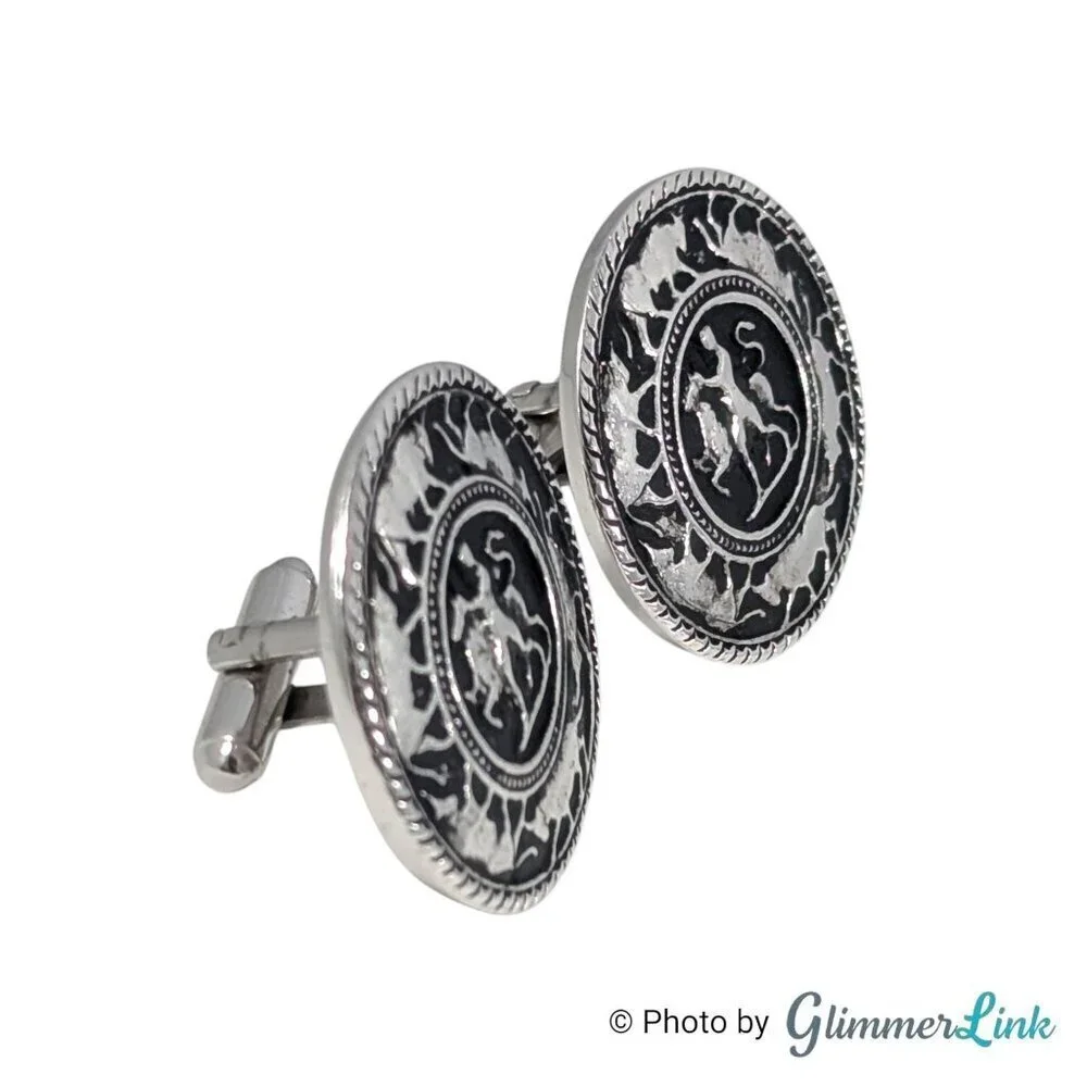 Vintage Matador Bullfighter Bull Round Black Enamel Silver Tone Cufflinks